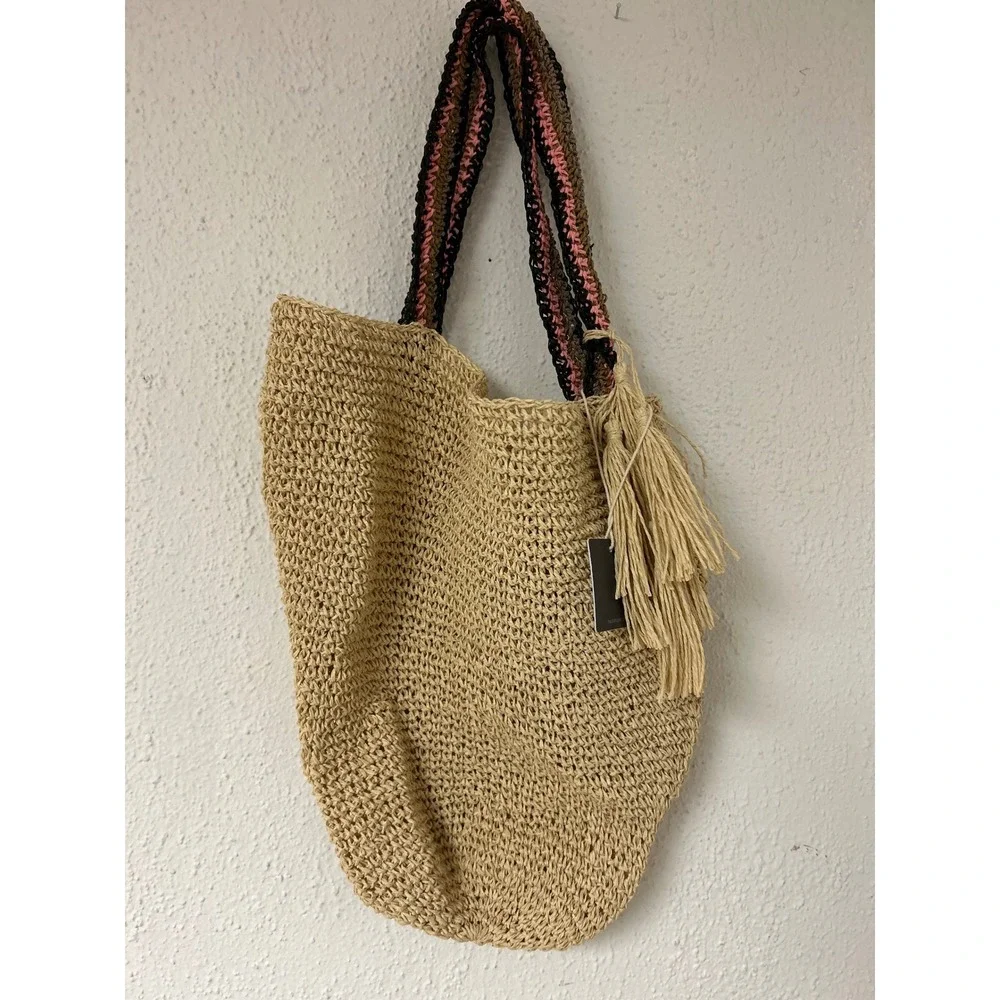 Haute Hippie Slouchy Style Straw Tote Bag Tan Woven Crochet Strap Tassel NWT
